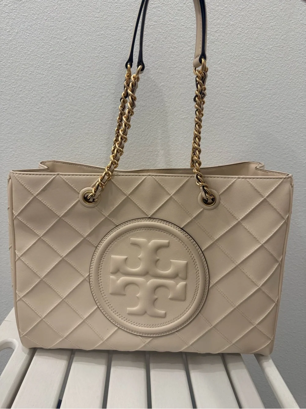 Tory Burch Quilted Logo Tote in Light Beige with Gold Chain Straps